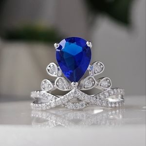 Blue Sapphire Crown Princess ring, made with solid 925 Sterling Silver